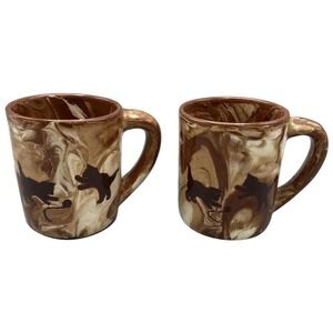 Vintage Swirled Pottery Mugs Pair Cats‎ Kittens Playing with Yarn Montana